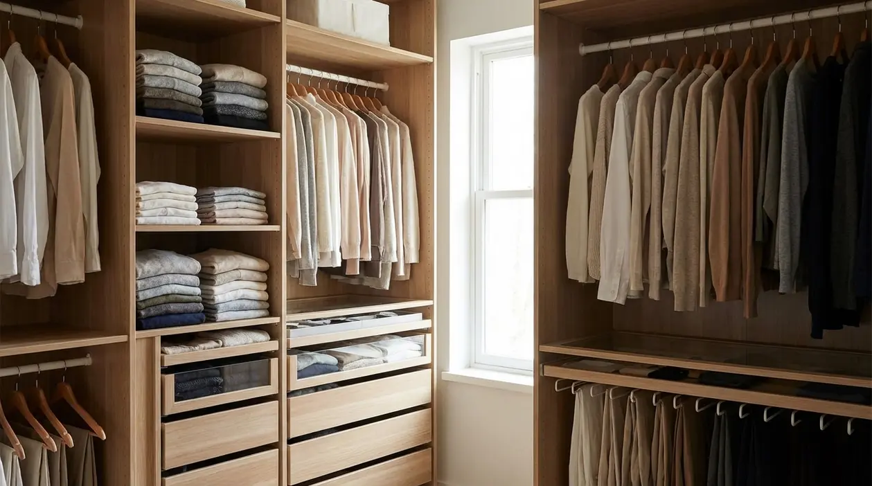 Armadio guardaroba ordinato con vestiti appesi e maglie piegate, ispirato al metodo KonMari