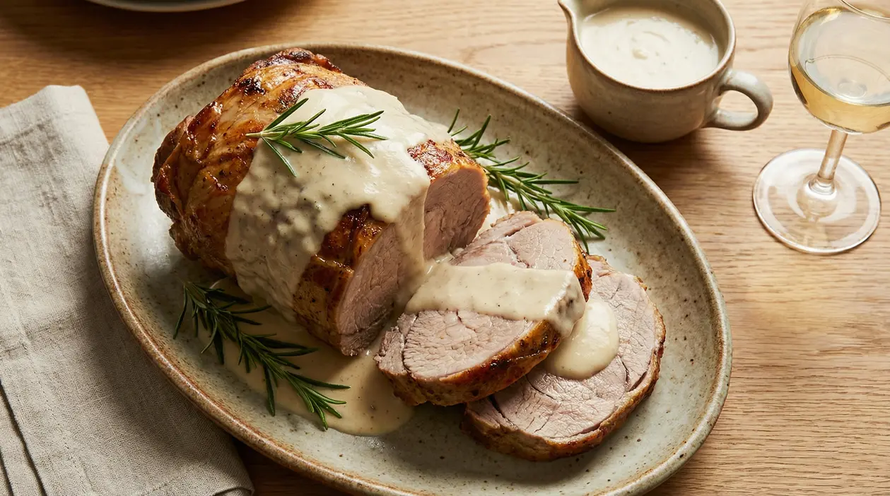 Arrosto di vitello al latte affettato su un piatto con salsa cremosa e rametti di rosmarino