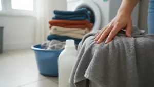 Mano che tocca un asciugamano grigio vicino a una lavatrice e a un cesto di bucato.