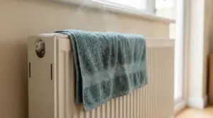 Asciugamano bagnato appoggiato su un termosifone vicino a una finestra, con vapore che sale