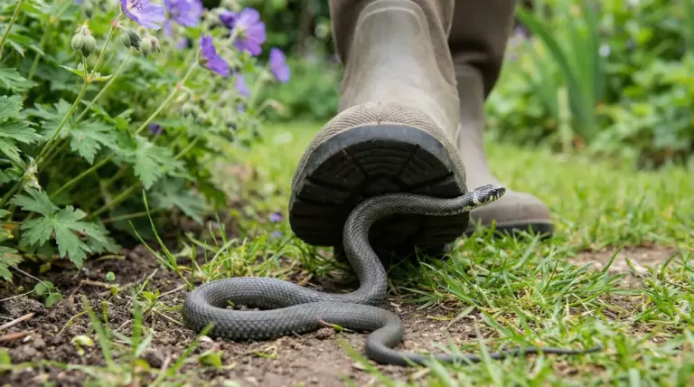 Serpente nero sotto uno stivale in un giardino con vegetazione