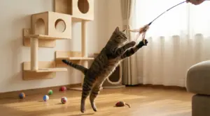 Gatto domestico che salta per afferrare un gioco con piume in un salotto con tiragraffi e palline