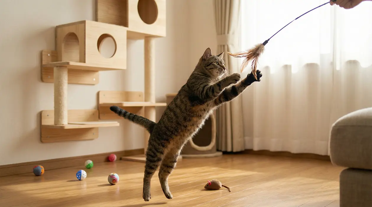 Gatto domestico che salta per afferrare un gioco con piume in un salotto con tiragraffi e palline