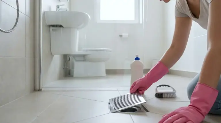Persona con guanti rosa apre la griglia di scarico a pavimento nel bagno, con prodotti per pulire vicino al WC