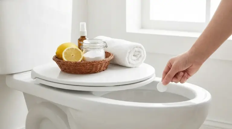 Una mano inserisce una pastiglia nel WC, accanto a limone, bicarbonato e asciugamani in bagno