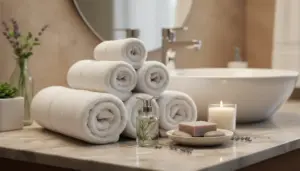 Asciugamani arrotolati, candela e sapone su lavabo in bagno elegante, per un effetto profumato stile hotel