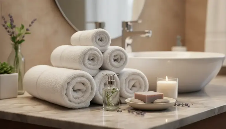 Asciugamani arrotolati, candela e sapone su lavabo in bagno elegante, per un effetto profumato stile hotel