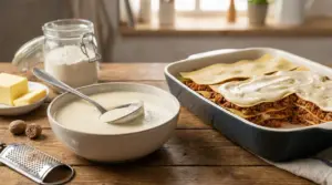 Ciotola di besciamella accanto a teglia di lasagne con ragù e strati non ancora cotti