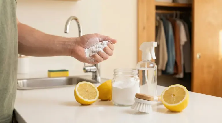 Persona con bicarbonato in mano accanto a limoni e spray, rimedio naturale contro i cattivi odori in casa