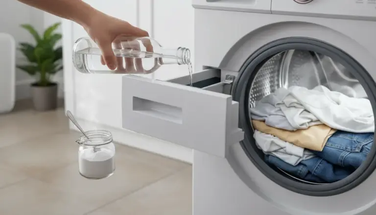 Una mano versa un liquido trasparente nel cassetto di una lavatrice con abiti all'interno