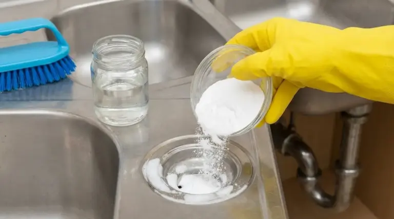 Mano con guanto versa bicarbonato nello scarico del lavello in acciaio, accanto a un barattolo con liquido e una spazzola