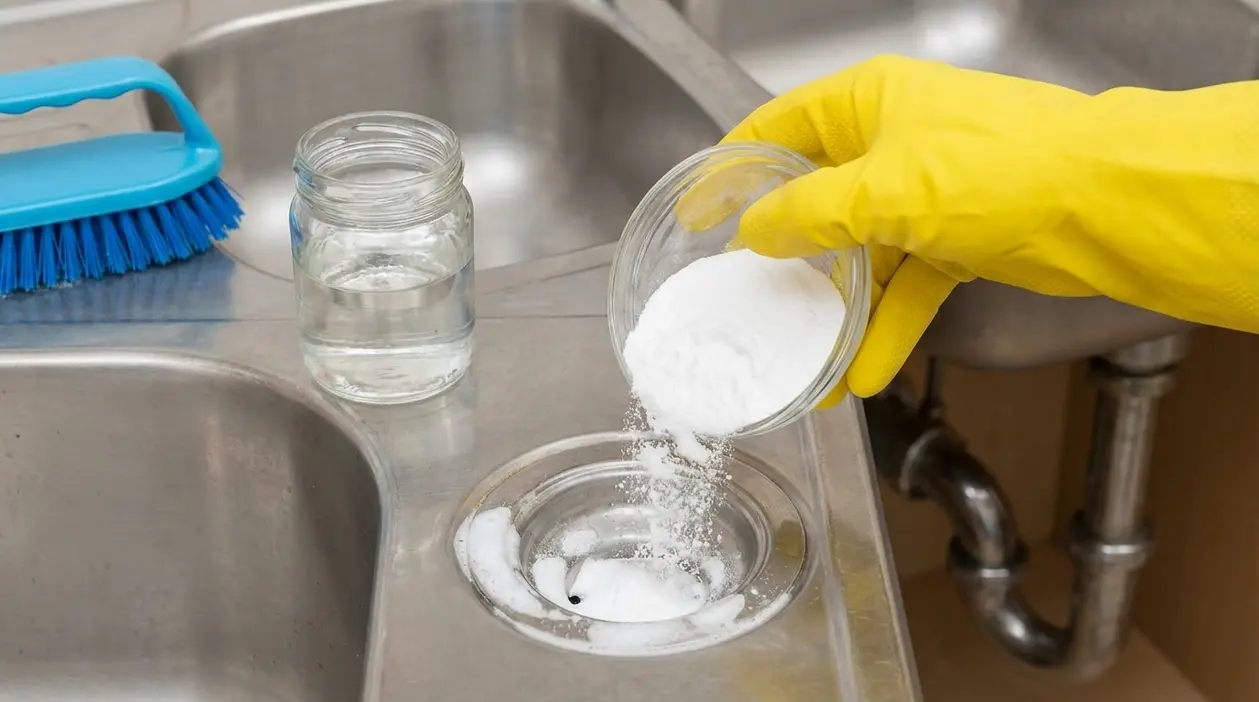 Mano con guanto versa bicarbonato nello scarico del lavello in acciaio, accanto a un barattolo con liquido e una spazzola