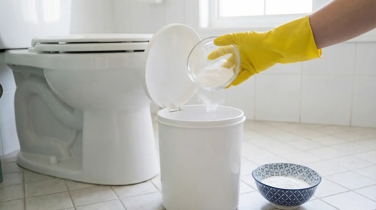 Mano con guanto giallo versa bicarbonato nel cestino del bagno accanto al WC, per ridurre odori e mantenere pulito