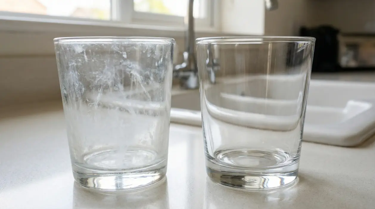 Due bicchieri su un lavandino, uno opaco per calcare e uno pulito e trasparente