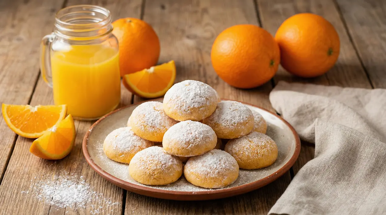 Biscotti morbidi all’arancia senza burro su un piatto di ceramica, con succo e fette d’arancia accanto