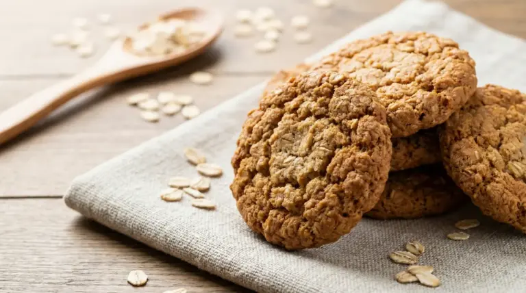 Biscotti all'avena dorati su un canovaccio con fiocchi d'avena sparsi