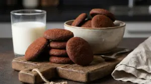 Biscottini al cacao su tagliere di legno con un bicchiere di latte e una ciotola in ceramica