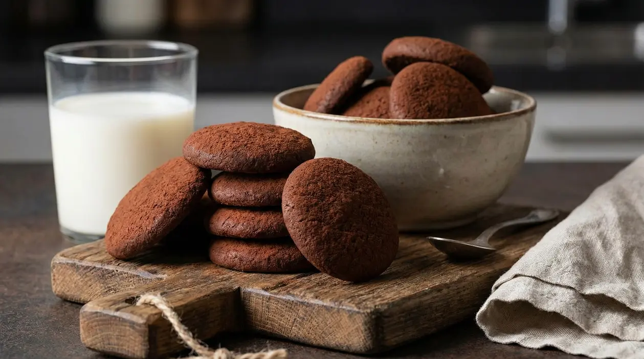 Biscottini al cacao su tagliere di legno con un bicchiere di latte e una ciotola in ceramica