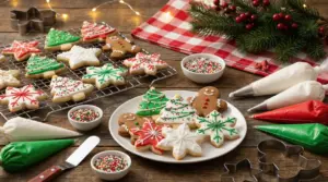 Biscottini di Natale decorati con ghiaccia reale su un tavolo rustico con sac à poche e formine