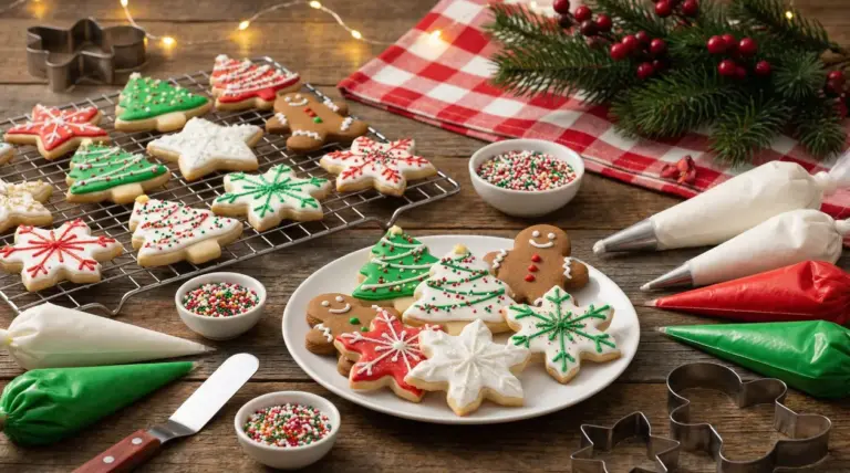 Biscottini di Natale decorati con ghiaccia reale su un tavolo rustico con sac à poche e formine