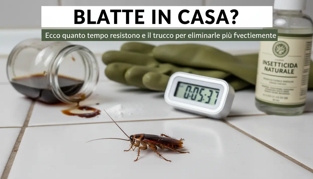 Blatta sul pavimento della cucina vicino a esca rovesciata, guanti, timer e flacone di insetticida naturale