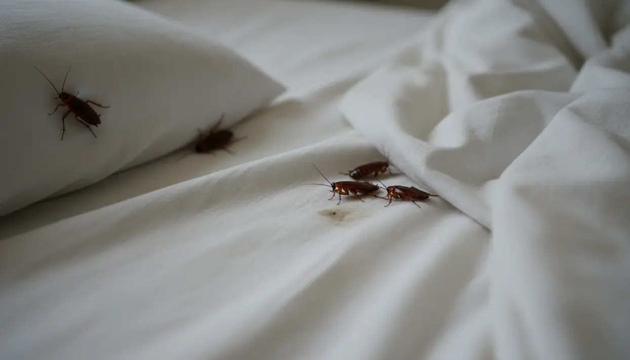 Blatte sul letto con lenzuola bianche e cuscino, segnale di infestazione in camera da letto