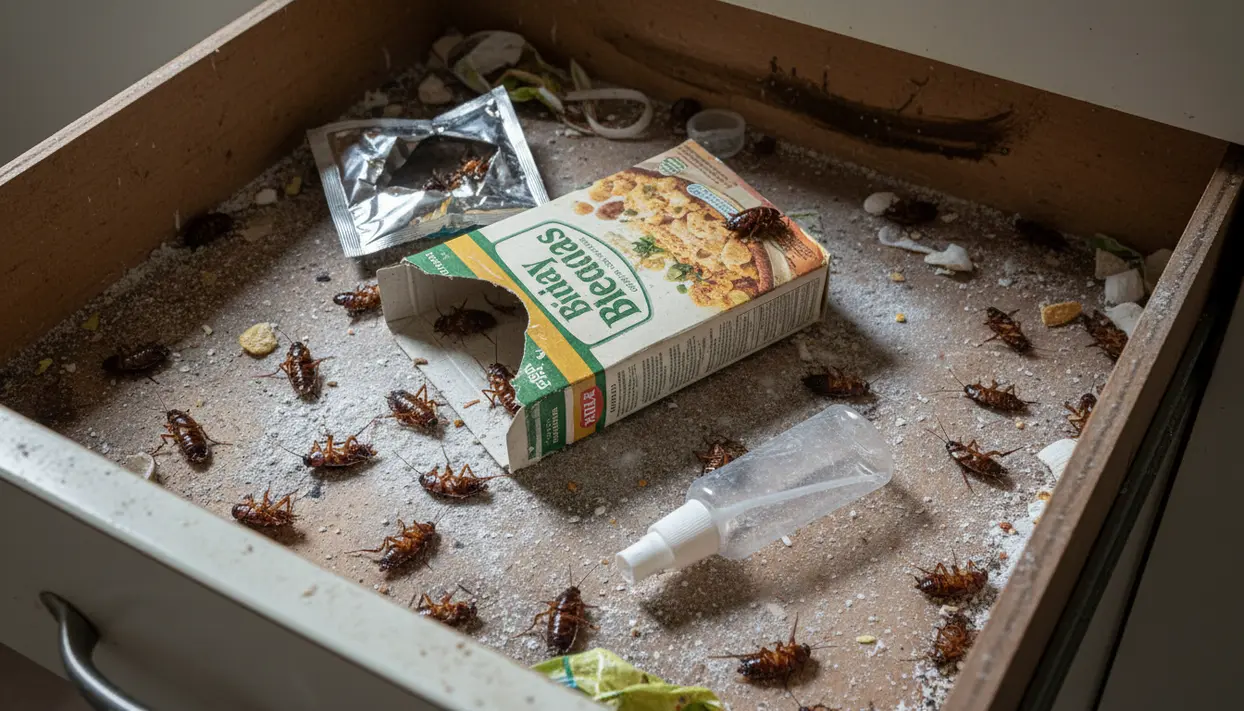 Cassetto della cucina sporco con molte blatte morte, scatola di cereali e flacone di spray per insetti