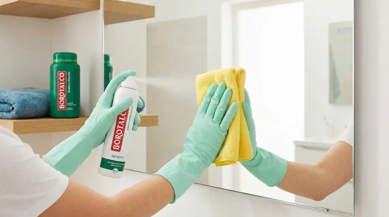 Mani con guanti puliscono uno specchio con panno giallo e spray al borotalco in bagno