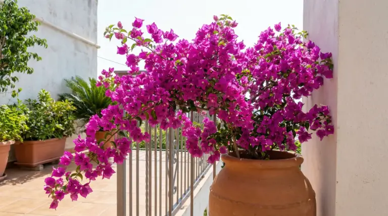 Bouganville in fiore in un grande vaso su un balcone soleggiato