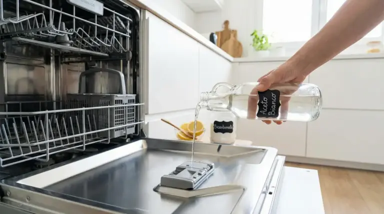 Mano che versa aceto bianco nello scomparto del brillantante della lavastoviglie aperta, per un risciacquo naturale