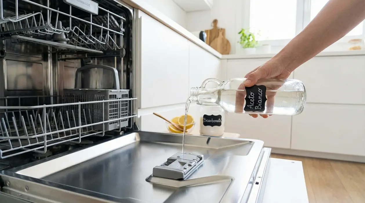 Mano che versa aceto bianco nello scomparto del brillantante della lavastoviglie aperta, per un risciacquo naturale