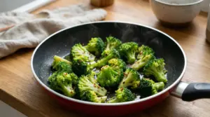 Broccoli saltati in padella con olio e peperoncino su un piano di lavoro in cucina