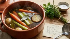 Pentola di terracotta con brodo vegetale fatto in casa e ortaggi freschi