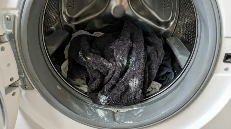 Asciugamani scuri nel cestello della lavatrice con residui di detersivo visibili sul bucato e sulla guarnizione