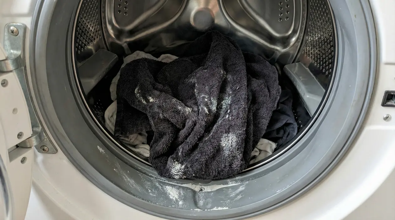Asciugamani scuri nel cestello della lavatrice con residui di detersivo visibili sul bucato e sulla guarnizione