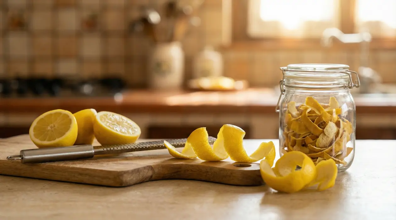 Bucce di limone su tagliere con grattugia e barattolo di vetro, in cucina