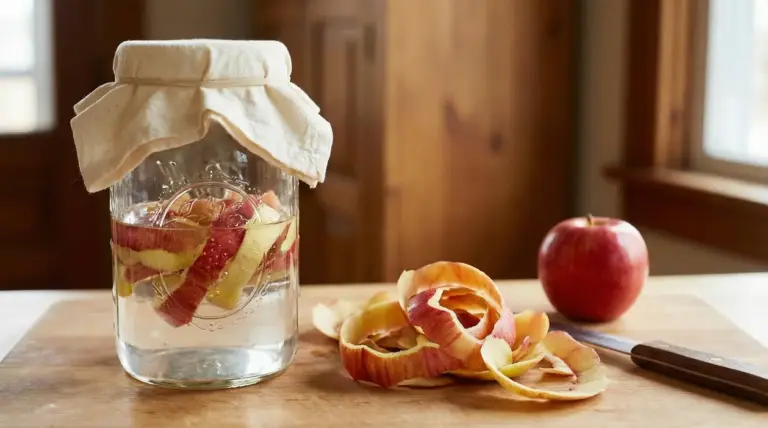 Barattolo con acqua e bucce di mela su un tavolo, accanto a una mela intera e a un coltello