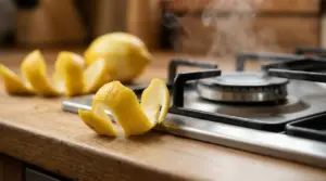 Buccia di limone accanto ai fornelli in cucina, con vapore sul piano cottura