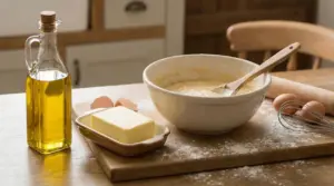 Ciotola con impasto, burro, olio extravergine d'oliva e uova su un piano da cucina