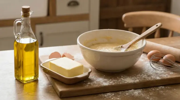 Ciotola con impasto, burro, olio extravergine d'oliva e uova su un piano da cucina