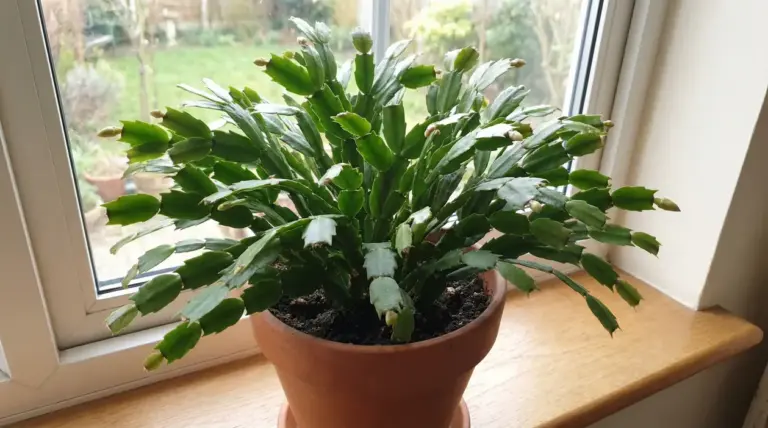 Cactus di Natale in vaso con numerosi boccioli su un davanzale interno