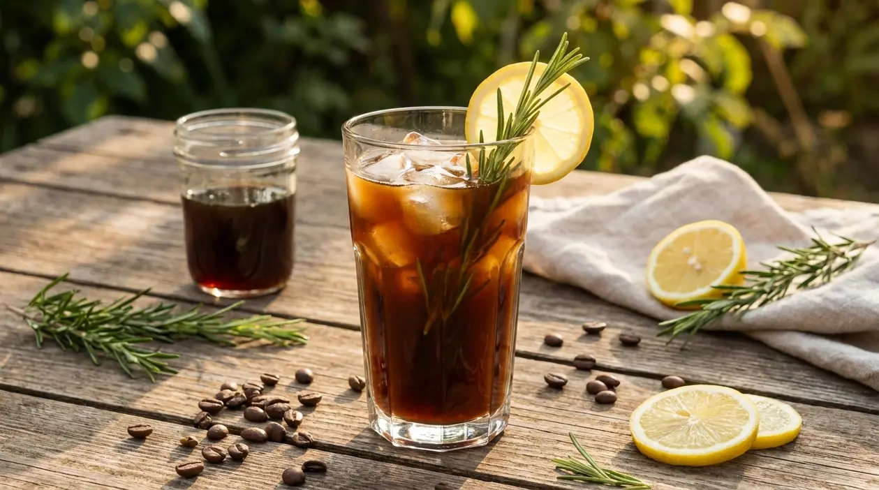 Bicchiere di caffè freddo con ghiaccio, rosmarino e limone su tavolo di legno all’aperto