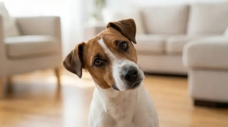 Cane con la testa inclinata in un salotto luminoso