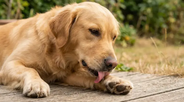 Cane sdraiato che si lecca una zampa su una superficie in legno