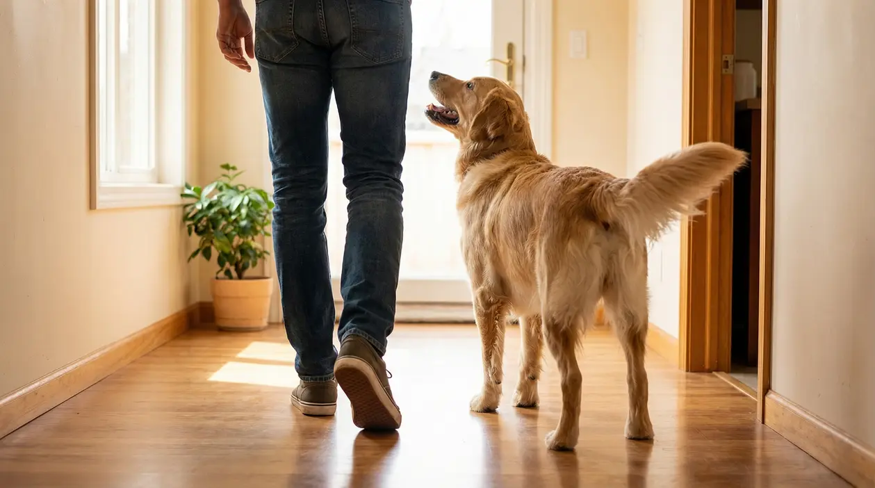 Cane che segue una persona lungo un corridoio di casa