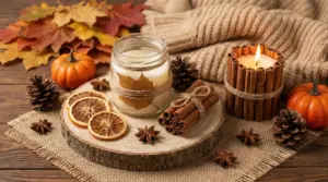 Candele decorative con stecche di cannella, arance essiccate e zucche per profumare la casa in autunno