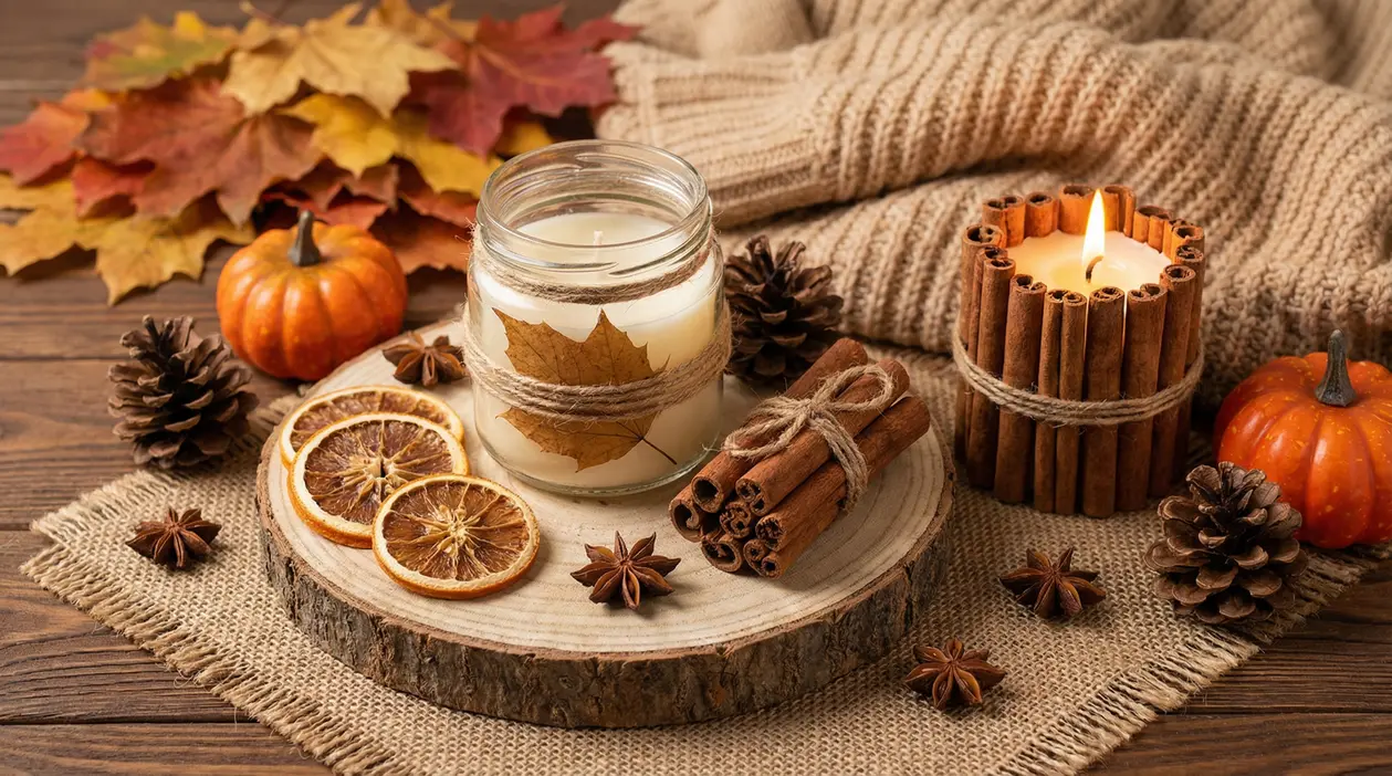 Candele decorative con stecche di cannella, arance essiccate e zucche per profumare la casa in autunno