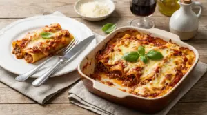 Cannelloni ripieni di carne al forno serviti con besciamella e basilico fresco