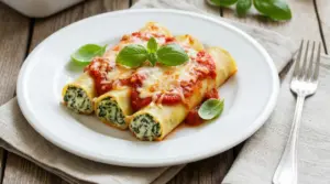 Cannelloni vegetariani ripieni di ricotta e spinaci con salsa di pomodoro e basilico su piatto bianco