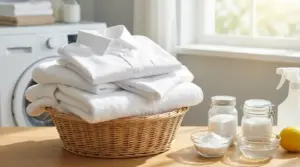 Cesta con camicia e asciugamani bianchi, con bicarbonato, aceto e limone su un tavolo vicino alla lavatrice